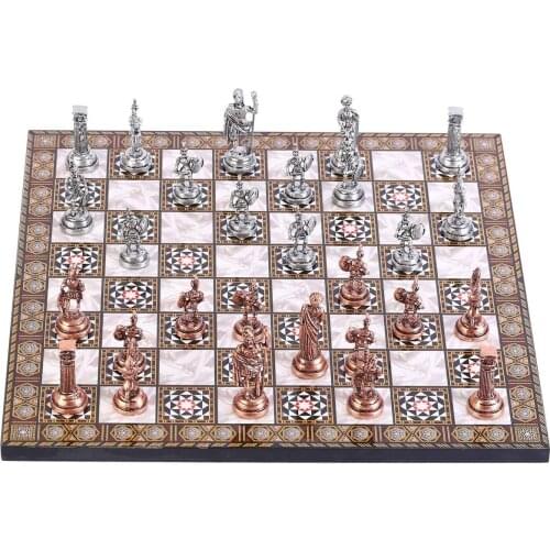 Medium Size Metal Roman Chess Set MDF Wooden Chess Board with Antique and Pearl Pattern Queens Gambit Chess Set