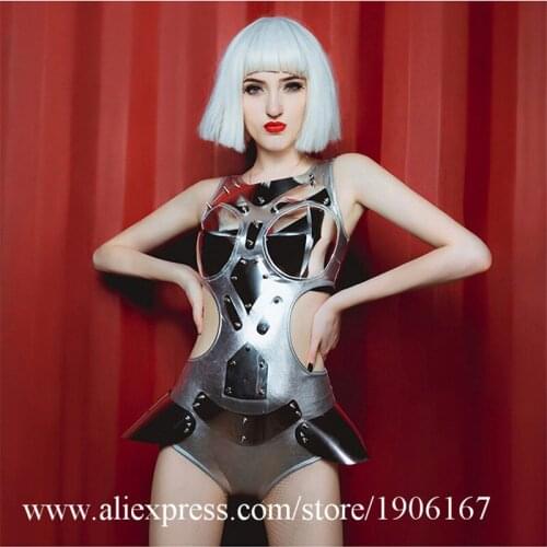 Nightclub bar ds Dress costume sexy dj female singer stage Performance silver suit party one-piece dance clothes