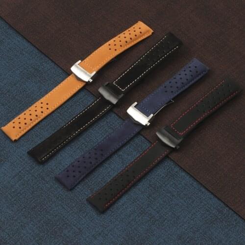 22mm Black Blue Brown Mate Genuine Leather Watchband For CARRERA Watch Strap MONACO Wristband AQUARACER Bracelet Folding Buckle