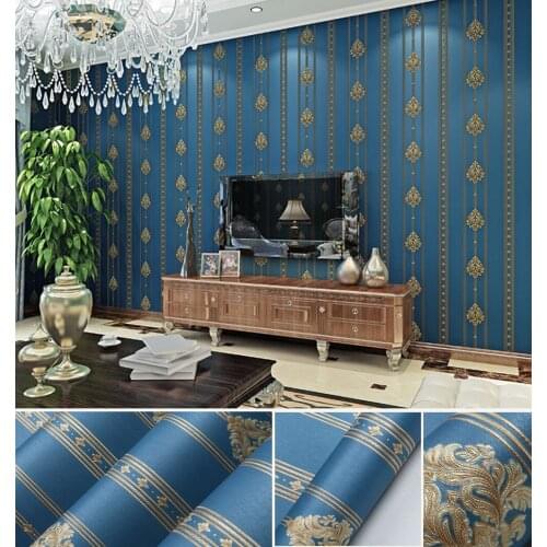 Luxury 3D Embossed Damascus Non-woven Wallpaper Roll European Style Bedroom Living Room TV Background Wallpaper Home Decor Blue