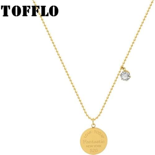 TOFFLO Stainless Steel Jewelry Round Ltter Bead Chain Hanging Zircon Super Flash Pendant Necklace Female Sweet Chain BSP975