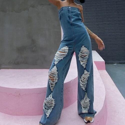 High Street Personality Ripped High Waist Western-Style Straight Wide Leg Denim Jumpsuit Holiday Clothes 2021 Summer New