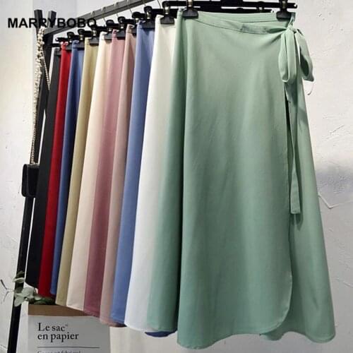 Elegant Korean Chiffon A-Line Skirts Women Summer High Waist Midi Skirt 2021 Casual Solid Side Tie Beach Wrap Skirt