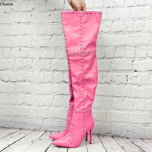 Olomm 2021 Women Winter Thigh Boots Sexy Studs Stiletto Heels Pointed Toe Multi Colors Club Wear Shoes Women Plus Size 35-47