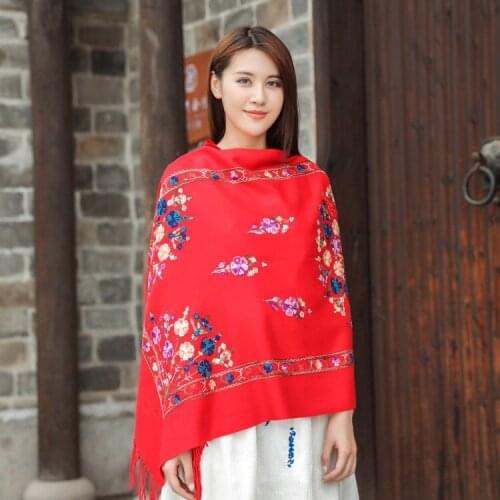 Women Embroider Flower Shawls Soft Pashmina Cashmere Scarf Winter Thick&Warm Fine Tassels Scarf Long Shawl Fashion Scarves Warps
