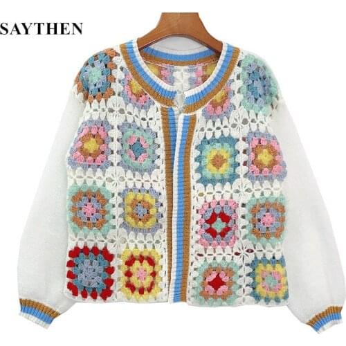 SAYTHEN 2021 Autumn New Fashion Tide Round Neck Long Sleeve Hollow Out Printing Loose Knitting Cardigan Sweater Women