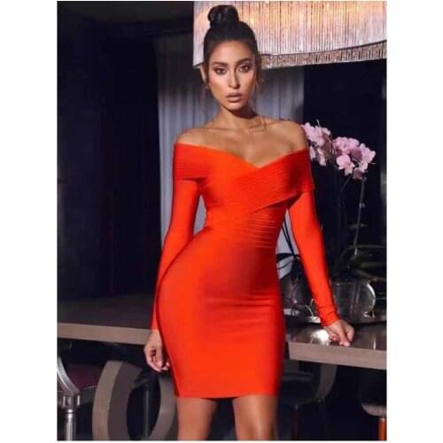 High Quality Red Sexy Off Shoulder Mini Bandage Dress Women Sexy Full Sleeve Strapless Backless Evening Party Dress Vintage