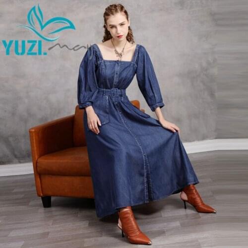 Woman Dress 2020 Yuzi.may Boho New Denim Women Dresses Square Collar Single Breasted Big Pockets Vestidos A82266 Vestido