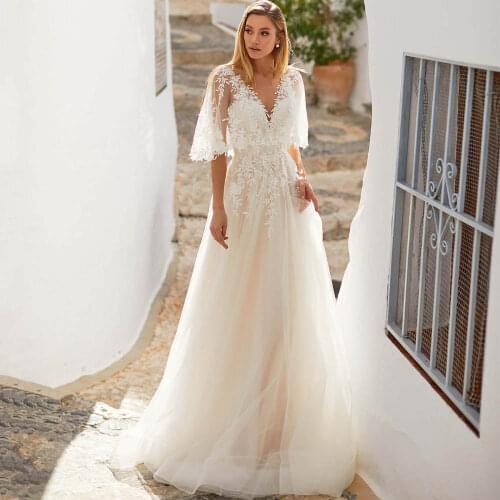 New Arrival Half Sleeve Appliqued Lace Backless Tulle A-Line Boho 2021 Wedding Dress Bridal Gown Vestido De Novia