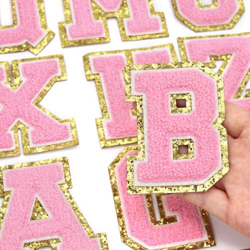1Pcs Pink Letter Patch Chenille Embroidery Patches For Clothes Towel Alphabet Gold Sequins Iron On Patches DIY Name Badge 80MM