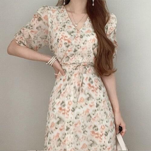 2021 Summer Women Long Dress Vintage Chiffon V-neck Bubble Sleeve Floral Dress Women Elegant High Waist Dresses Vestido 14534