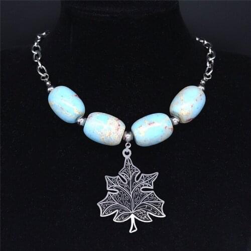 2021 Fashion Maple Leaf Stainless Steel Natural Stone Necklace Chain Silver Color Necklaces Pendants Women Jewelry cadena NXS04