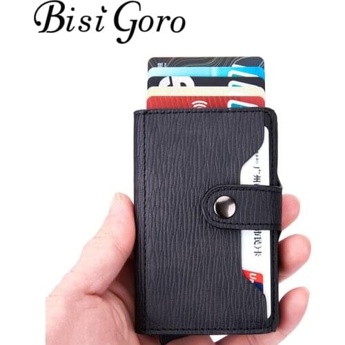 BISI GORO RFID Hasp Card Holder Weave Pattern New PU Leather Clutch Pop-up Wallet Aluminum Box Slim Thin Smart New Card Case