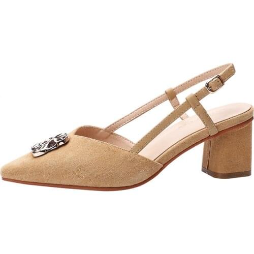 Summer Women Sandals Narrow Band Vintage High Heels Flock Buckle Strap 6CM Thick High Heels Pointed Toe Metal decoration Shallow