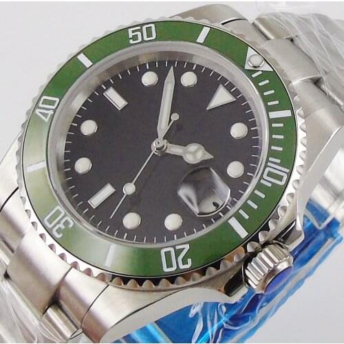 Black Sterile Steel Business Automatic Mens Wristwatch 24 Jewels NH35 MIYOTA 8215 Magnifier Clear Glass Back Ceramic Insert