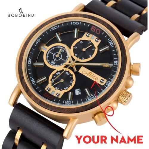 Montre homme BOBO BIRD Personalized Name LOGO Wooden Men Luminous Watch Japanese Movement Chronograph Military Dropshipping