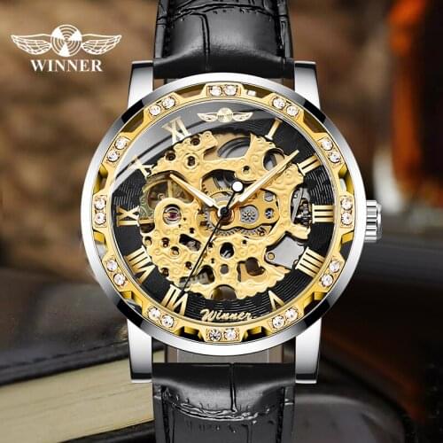 WINNER Men Watch Hollow Design Mechanical Male Watches Leather Strap Luminous Mens Wrist Watch Relogio Masculino
