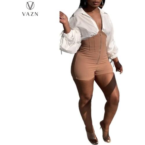 VAZN 2021 Early Autumn Plus Size Patchwork Young Daily Simple Sexy Overalls Full Sleeve High Waist Fashion Playsuits