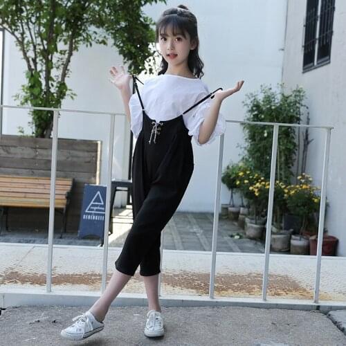Summer 2019 Teenage Girls Clothing Set 2 pcs White Puff Sleeved Blouse Top & Black Harem Pants Sets Jumpsuits Girls Clothes Set