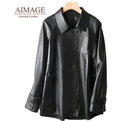 Black Loose Real Leather Jacket Korean Autumn Soft Sheepskin Leather Overcoat Street Pockets Leisure Outwear Female Biker Coats