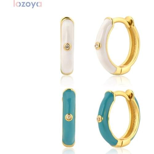 Lozoya 925 Sterling Piercing Ohrringe Women Silver White Turquoise Enamels Hoops 8.5mm Circle Huggies Luxury Fashion Jewelry