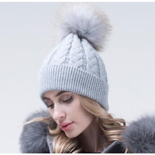 Fashion Rabbit Fur Knitted Beanie Hat Solid Color Pompom Bonnet Winter Warm Ski Hats Women Skully Soft Elastic Cap
