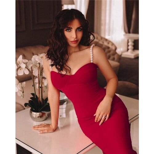Fashion Strapless Midi Bandage Dress Beading Pearl Chain Evening Party Dresses Vestidos Clubwear Knitting Female Outfits