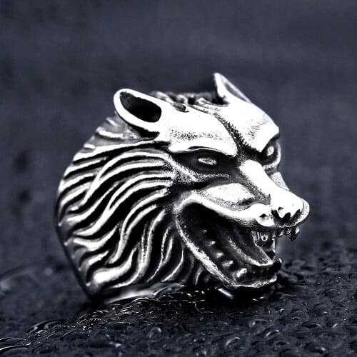 316L Stainless steel steam ram Men punk ring Animal Wolfl Head Powerful Skull man Band gothic rings Jewelry Gift For Him