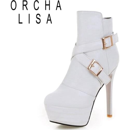 ORCHA LISA Winter Ladies Mid Calf Boots Belt Buckle Round Toe 13cm Stiletto Heel Shoes Zip Platforms US13 White Beige A4208