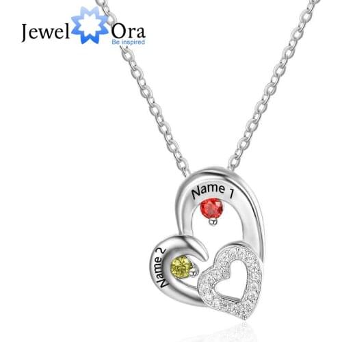 Personalized 925 Sterling Silver 2 Birthstone Necklace Pendants Engraved Heart BirthStones Necklace Mom Gift JewelOra NE101876