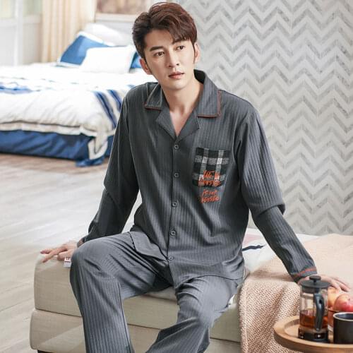 Full Cotton Pijama for Men 2Piece Lounge Sleepwear Pyjamas Plaid Pocket Autumn Bedgown Home Clothes Man PJs Cardigan Pajamas Set