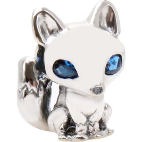 Bewill Genuine 925 Sterling Silver Blue Eyed Fox Charm fit Original bead Bracelet Jewelry Making DIY Gift