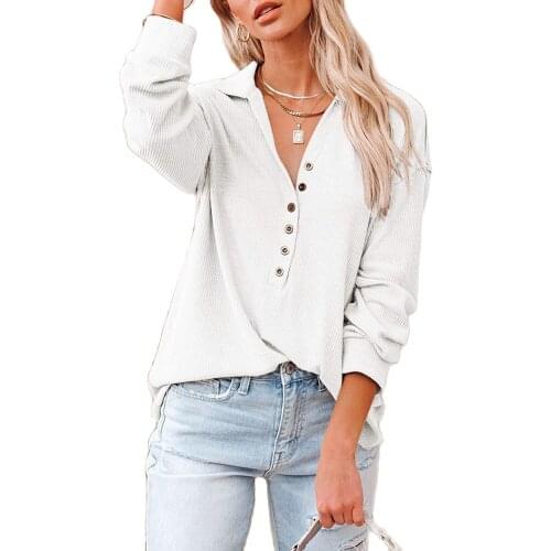 Casual Pullover Women T-shirt Tops Spring Autumn Lapel Long Sleeve T-Shirts Fashion Solid Button Decor Loose Streetwear Tee Tops