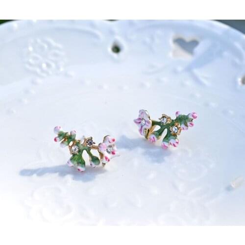 Simple Cute Pink Flowers Earrings For Women Sweet Romantic Cherry Blossoms Branch Stud Ears Fashion Female Jewelry Good Gift