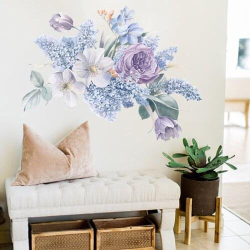 Romantic Purple Flowers Wall Sticker Decoration Living Room Bedroom Decor Water Color Wallpaper Self Adhesive Stickers