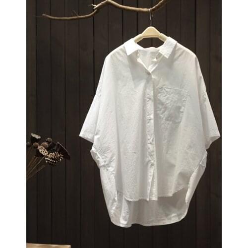 Loose White Women Shirts Summer Turn-Down Collar Batwing Sleeved Elegant Office Lady Outwear Coats Tops