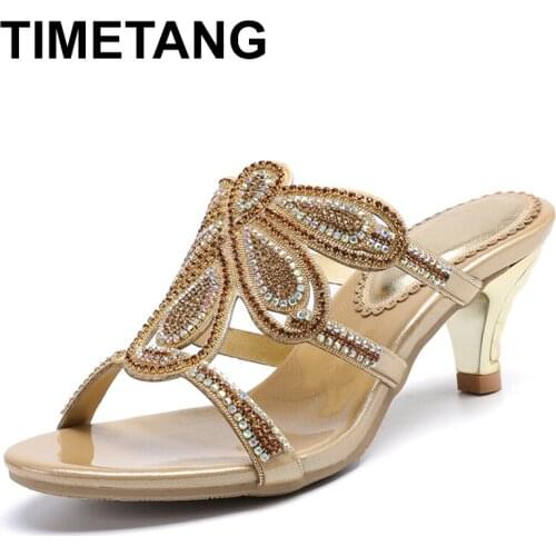 TIMETANG 2021 New Rhinestone Sandals Gold Purple Red Black PU Wedding Party Nightclub Slides Slip on Summer Shoes 6cmE1041