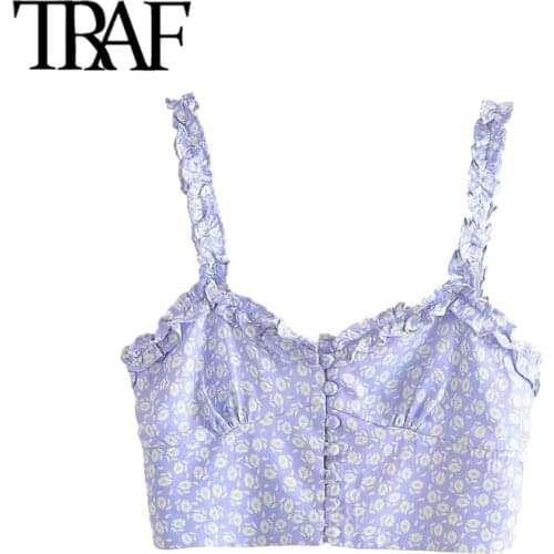 TRAF Women Fashion With Buttons Floral Print Crop Tank Tops Vintage Backless Elastic Thin Straps Female Camis Mujer