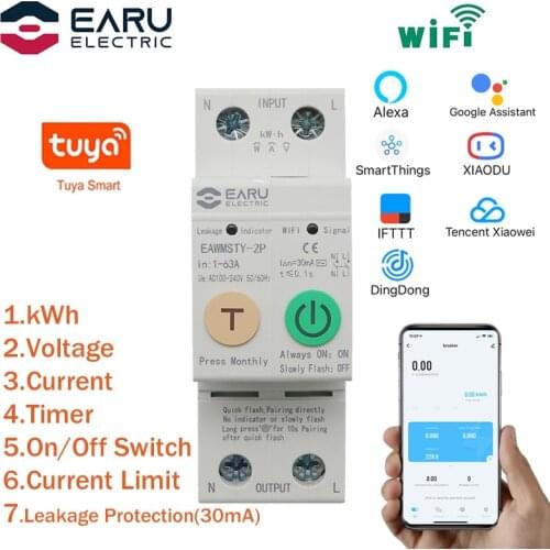 2P Tuya WiFi Smart Circuit Breaker Energy Power kWh Meter Time Timer Switch Relay Voltmeter Current Leakage Protection RCCB RCBO