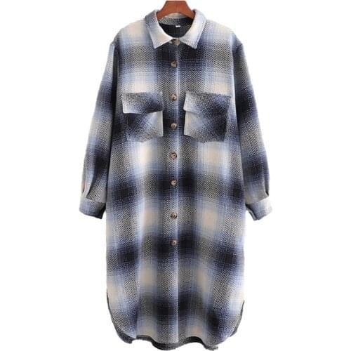 Nice Casual Women Long Oversized Grey Blue Plaid Shirt Coat New Vogue Ladies Soft Pocket Outerwear Female Chic X-Long Blouse