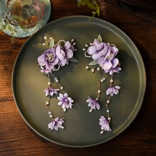 Chinese Hair Accessories for Women Jewelry Hair Clips Pearl Silk Flower Long Tassel Purple Hair Grip Luxury Women Gift