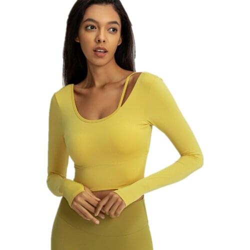 Women Sexy Big U Back Long-Sleeve Sports T Shirts Gym Stretch Tight Training Running Quick-Drying Fitness Yoga Top With Pad