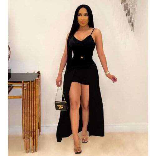 2021 Best Quality Famous Brand 2 pcs Women Set Solid Spaghetti Strap Long Tops and Shorts Summer Sexy Outftits