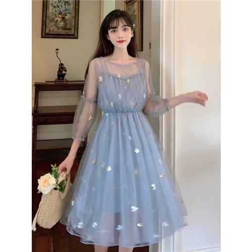 Summer Dress Women Elegant Lace Fairy Dress Casual Puff Sleeve Applique Flowers Voile Whith Lining Designer Middle Dress 2021
