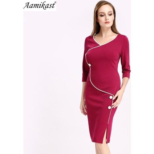 Aamikast Womens Vintage Brief Split Bottom Elegant Casual Work 3/4 Sleeve Deep O-Neck Bodycon Knee Women Office Pencil Dress 663