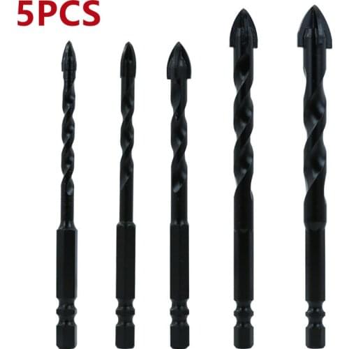 5PCS/Set Black Hexagonal Shank Cross Triangle Drill Set Hole Four-blade Alloy Drill Bit Ceramic Tile Glass Hole Opener