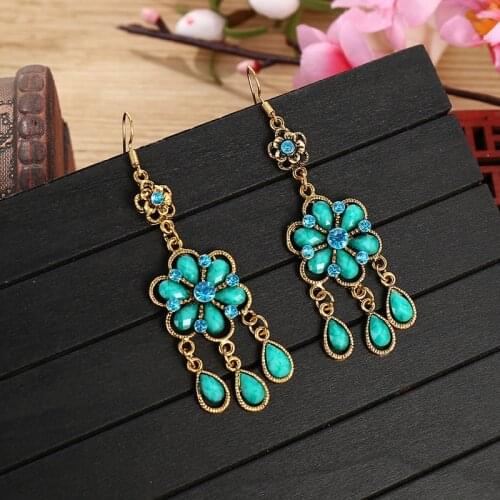 Bohemia Vintage Blue Turquoises Flower Dangle Earrings Ethnic Boho Gold Alloy Tassel Earrings Tibetan Jewelry