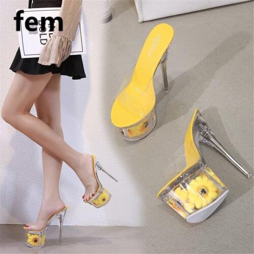 FEM Clear Heels Sandals Women Sunflower Platform Shoes Transparent Slides Thin Heels Slippers Peep Toe Super High Heels Sunshine