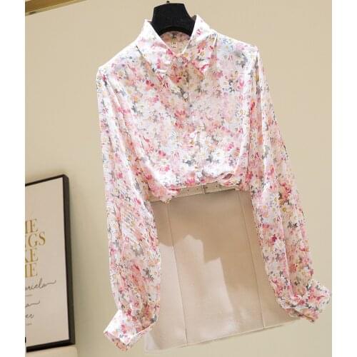 Floral Chiffon Women Shirts Summer New 2021 Turn-Down Collar Long-Sleeved Elegant Office Lady Outwear Coats Tops