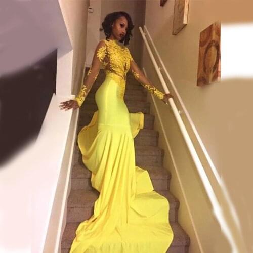 DD JYOY Yellow Evening Dress Long Sleeve Sexy Illusion Body with Long Train Elegant Evening Gowns for Women Backless